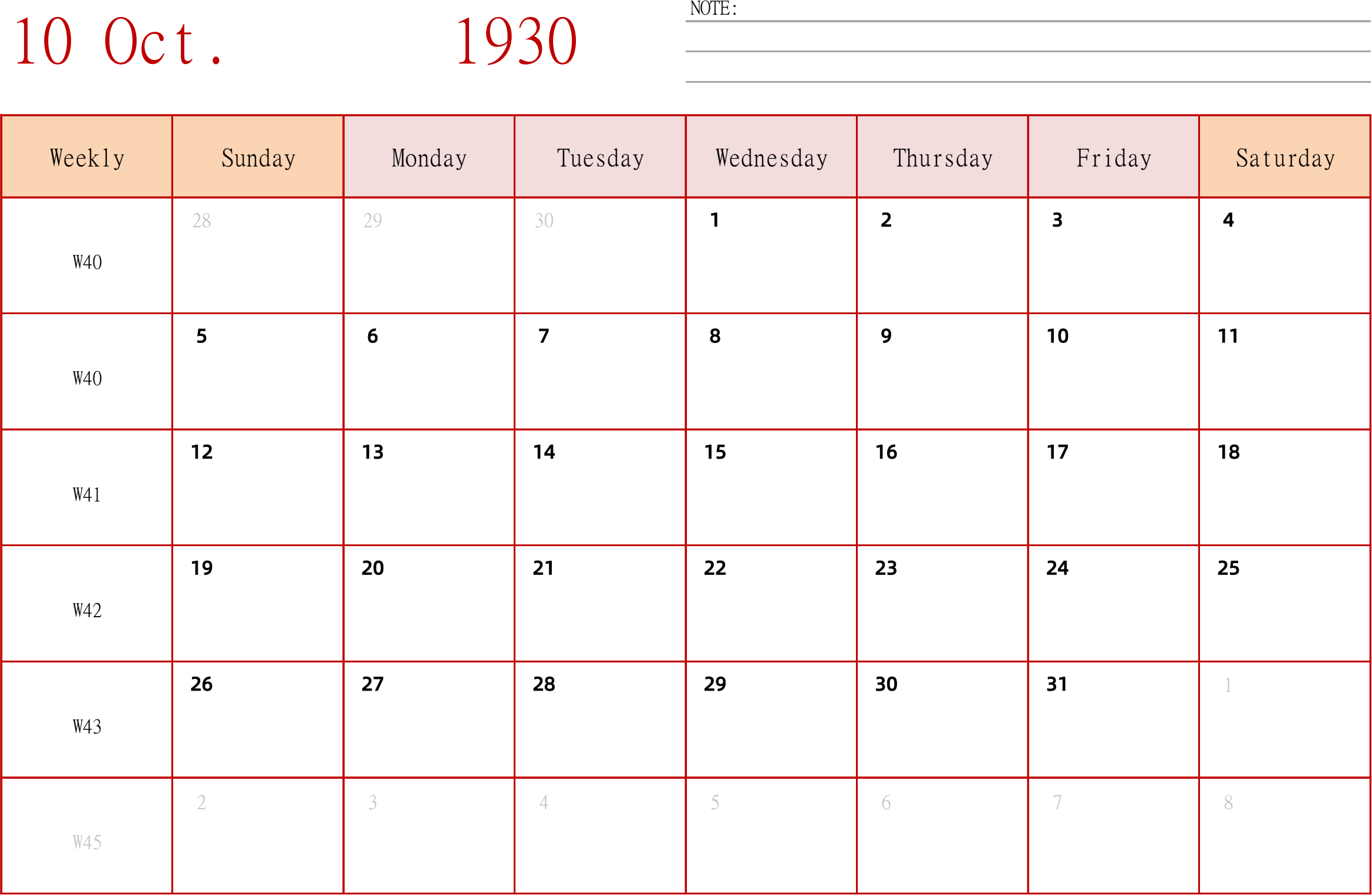 日历表1930年日历 英文版 横向排版 周日开始 带周数